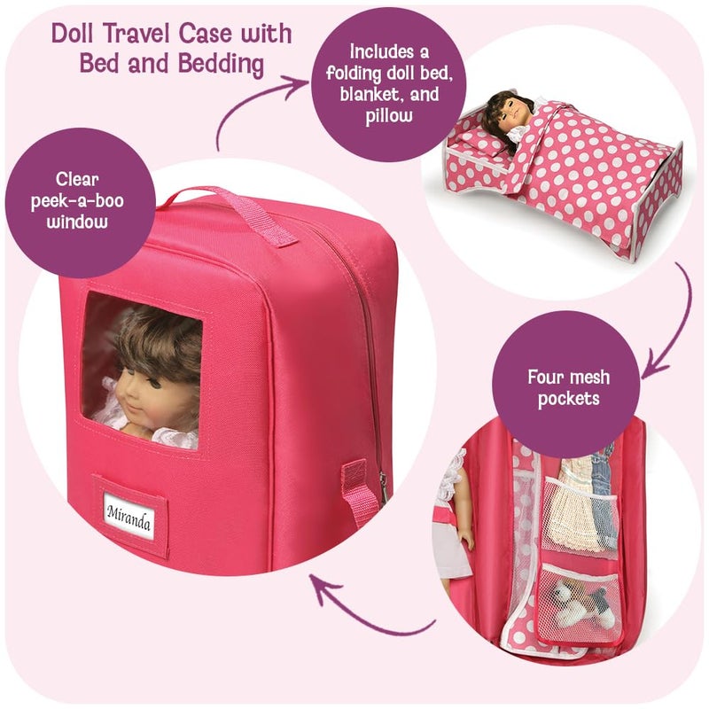 Badger Basket Doll Travel Case with Bed Blanket Pillow Mesh Storage  PeekaBoo Window  Fits Girl Dolls  Portable Luggage Carrier with Straps for Pretend Play  Accessories  Hot Pink - Image 3