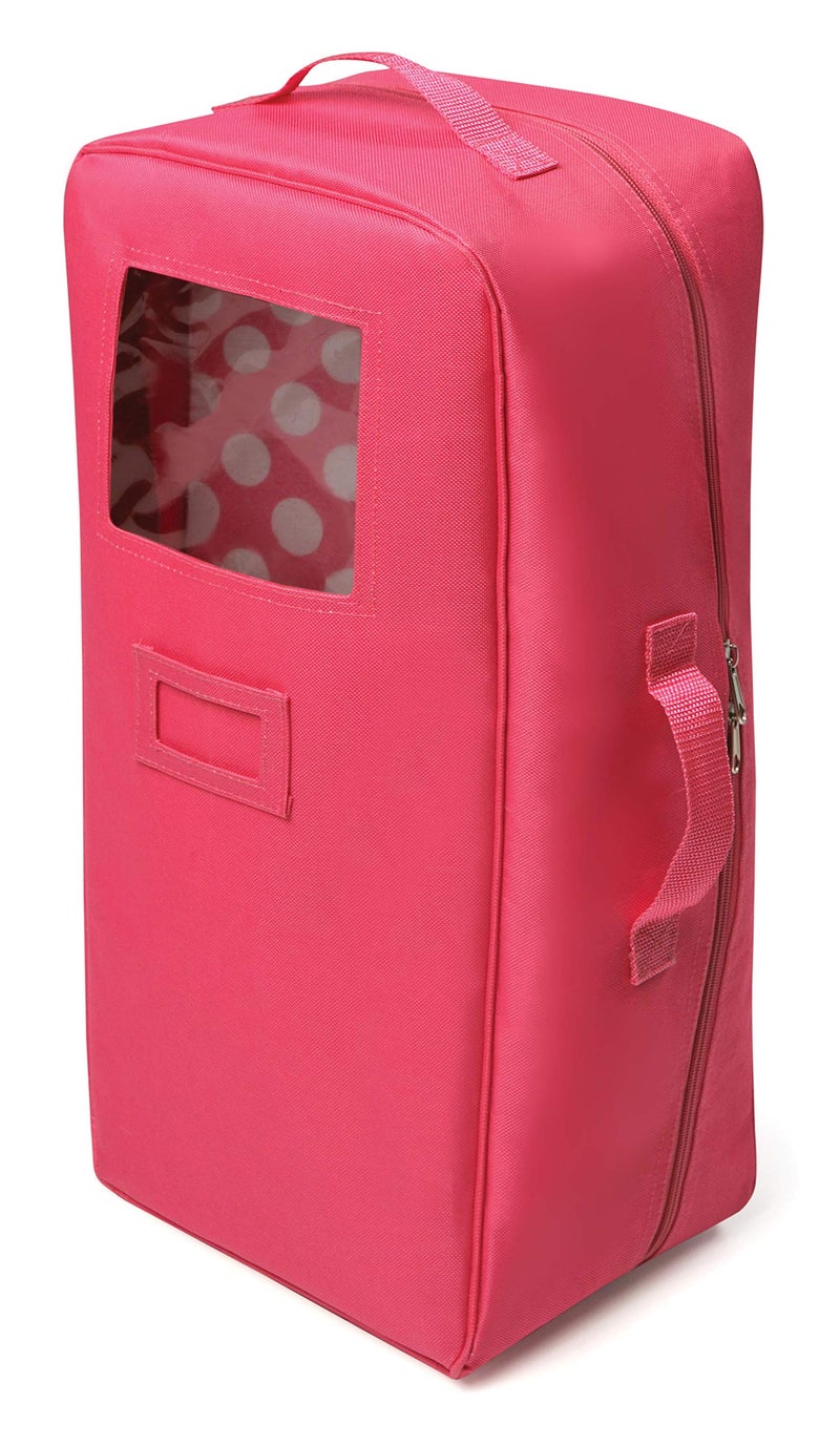 Badger Basket Doll Travel Case with Bed Blanket Pillow Mesh Storage  PeekaBoo Window  Fits Girl Dolls  Portable Luggage Carrier with Straps for Pretend Play  Accessories  Hot Pink - Image 2
