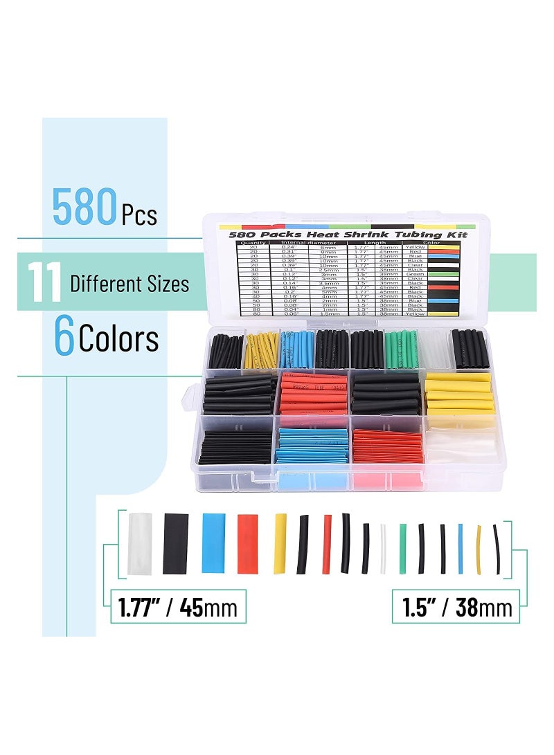 Heat Shrink Tubing Kit, 11 Sizes, Ratio, 580 pcs, Heat Shrink Wrap, Wire Shrink Wrap Tubing, Wire Shrink Tubing, Wire Heat Shrink, Electrical Shrink Wrap Tubing, Shrink Tubing for Wires - Image 2