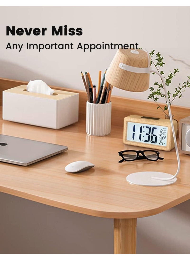 Digital Alarm Clock, Wooden Bedside Clock with Large LCD Backlit Display, Temperature, Snooze Function, Brightness Sensor, 3 AAA Battery Operated【Battery NOT Included】 - Image 4