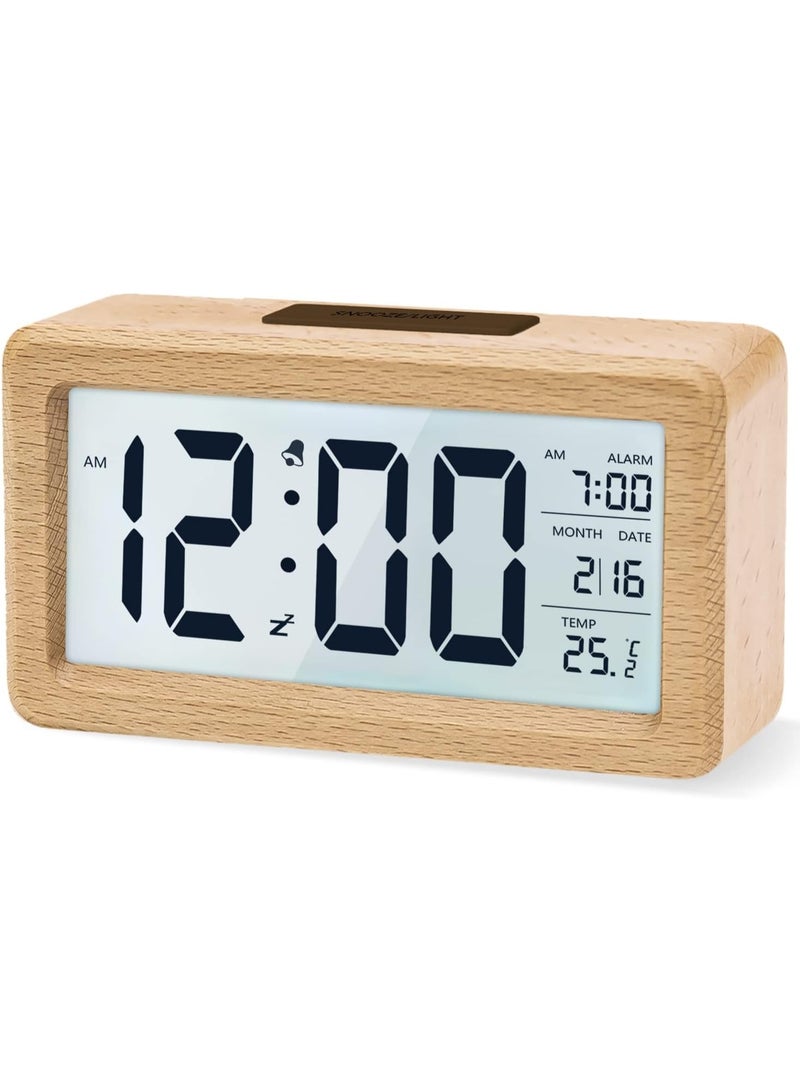 Digital Alarm Clock, Wooden Bedside Clock with Large LCD Backlit Display, Temperature, Snooze Function, Brightness Sensor, 3 AAA Battery Operated【Battery NOT Included】 - Image 1