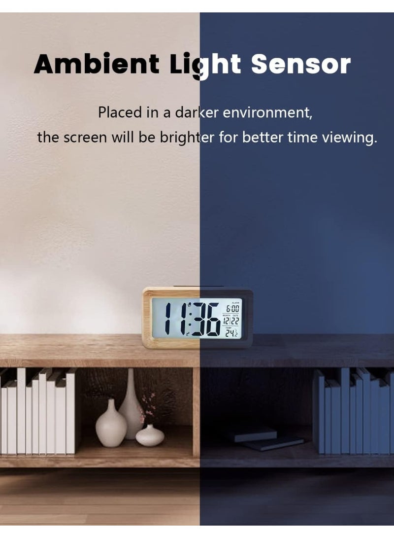 Digital Alarm Clock, Wooden Bedside Clock with Large LCD Backlit Display, Temperature, Snooze Function, Brightness Sensor, 3 AAA Battery Operated【Battery NOT Included】 - Image 3
