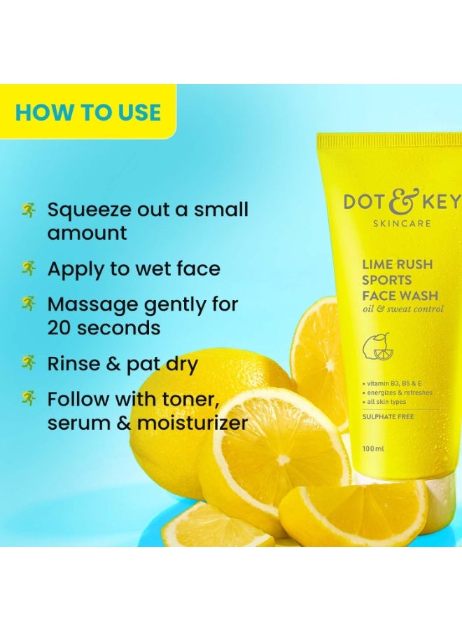 DOT & KEY Lime Rush Sports Face Wash Deep Cleans Oil, Sweat & Dirt For Refreshingly Clean & Oil Free Skin For All Skin Types Sulphate Free & Non Drying Facewash Active Sports Friendly 100Ml - Image 3
