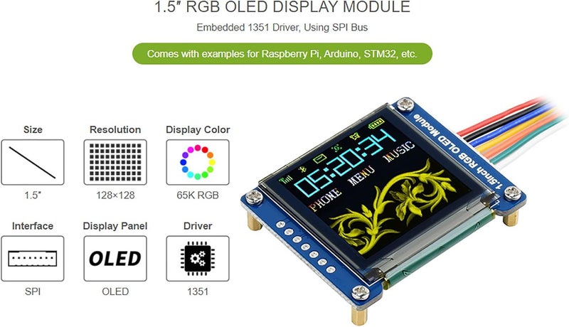 Waveshare 1.5inch RGB OLED Display Module, 128x128 Pixels 16-bit High Color (65K Colors) SPI Interface Compatible with Arduino Raspberry Pi Jetson Nano STM32 - Image 2