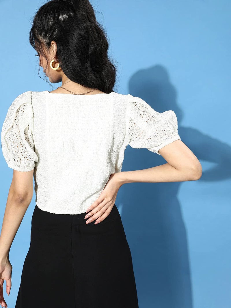 Style Quotient Women Self Design Floral White Lace Smart Casual Top - Image 4