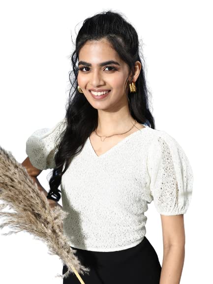 Style Quotient Women Self Design Floral White Lace Smart Casual Top - Image 1
