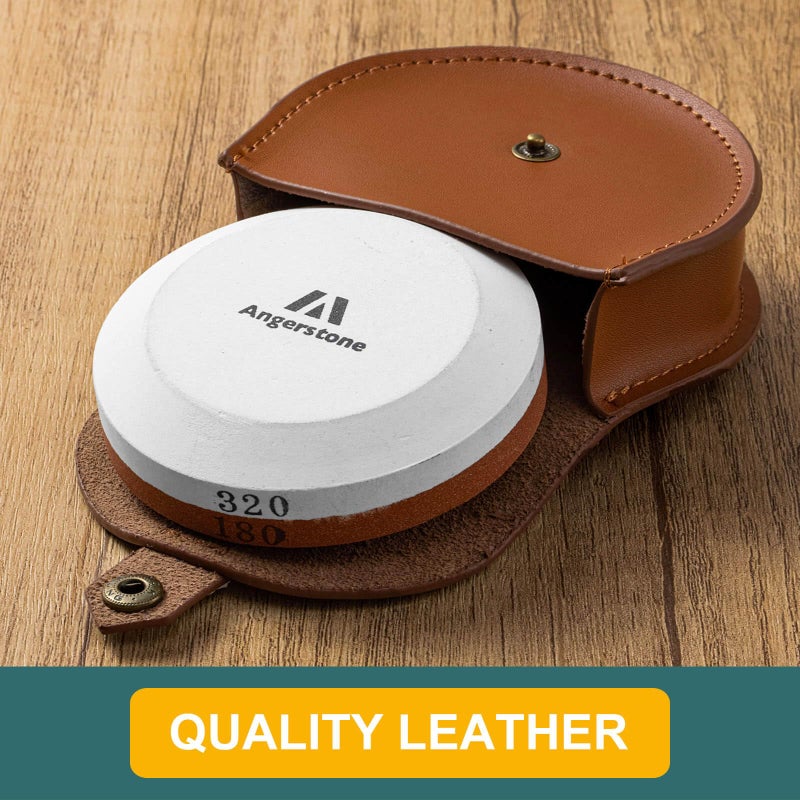 Angerstone Axe Sharpener - Multipurpose Axe/Hatchet Sharpening Stone - Whetstone Blade & Tool Sharpener, Dual Grit 180/320 Sharpening Puck with Leather Sheath - Image 4