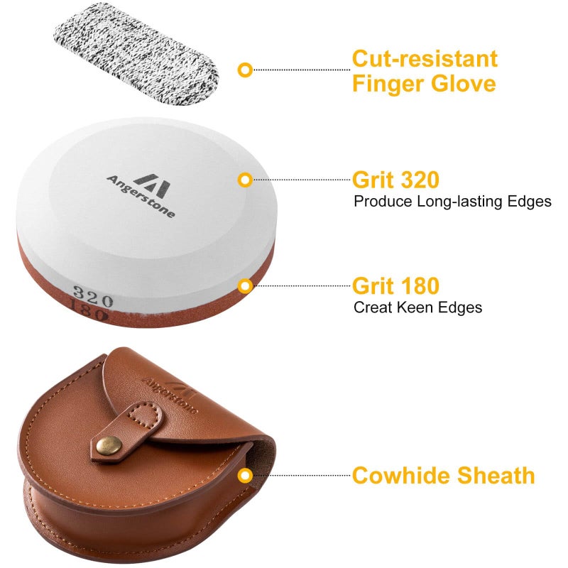 Angerstone Axe Sharpener - Multipurpose Axe/Hatchet Sharpening Stone - Whetstone Blade & Tool Sharpener, Dual Grit 180/320 Sharpening Puck with Leather Sheath - Image 2