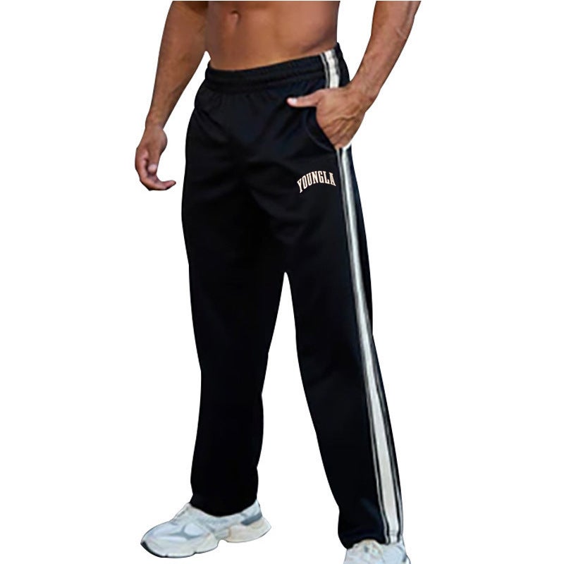 Young La 2025 Cross-Border New Mens Casual Pants Side Stripes Loose Wide-Leg Sports Straight Pants Youngla black - Image 1
