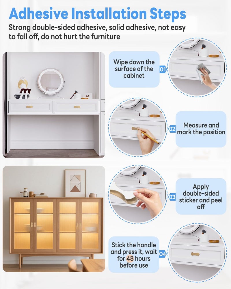 Mebantoo 8 Pack Adhesive Cabinet Handles, 3 Inch Self-Stick Knobs, Barn Door & Finger Pulls For Closets, Sliding Shower Glass Doors, Wardrobes, Drawers, Windows (8, Gold) - Image 4