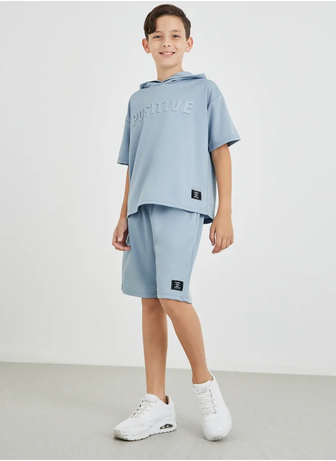 Styli Boys Blue Typography Detail Hooded T-Shirt and Shorts Set