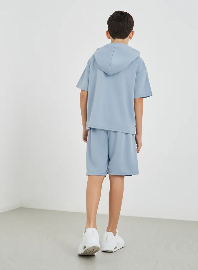 Styli Boys Blue Typography Detail Hooded T-Shirt and Shorts Set