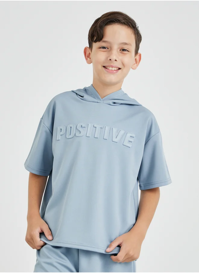 Styli Boys Blue Typography Detail Hooded T-Shirt and Shorts Set