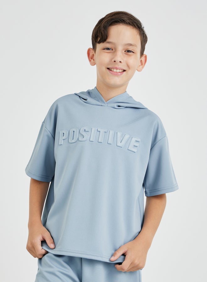 Styli Boys Blue Typography Detail Hooded T-Shirt and Shorts Set  - Image 2