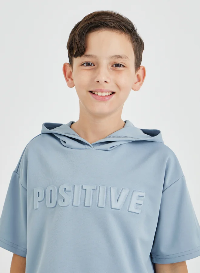 Styli Boys Blue Typography Detail Hooded T-Shirt and Shorts Set