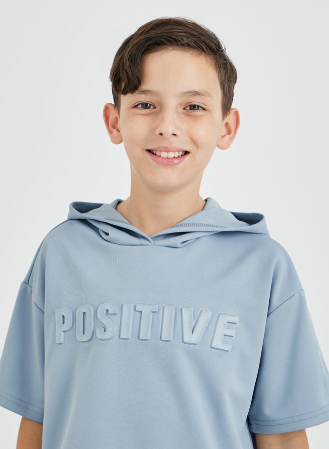 Styli Boys Blue Typography Detail Hooded T-Shirt and Shorts Set  - Image 3
