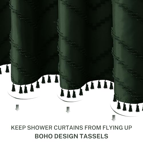 Siiluminisoy Dark Green Boho Shower Curtain with Tassel Woven Fabric Shower Curtain 72 x 72 Modern Farmhouse Textured Tufted Chevron Striped Minimalist Shower Curtains for Bathroom - Image 3