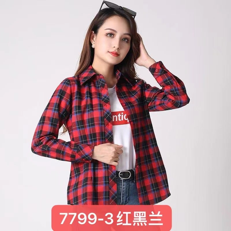 Plaid shirt long sleeve 2024 spring and summer New plus size students Korean version loose suit shirt sunscreen coat 7799-3 Red and Black Blue