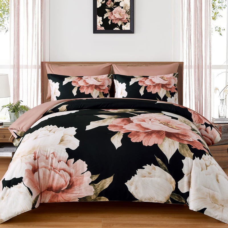 Dobuyly Black Queen Comforter Set 7 Piece Bed in a Bag, Pink Floral Printed on Black Comforter Set with Sheets, Soft Microfiber Botanical Flower Bedding Set for All Season - Image 1