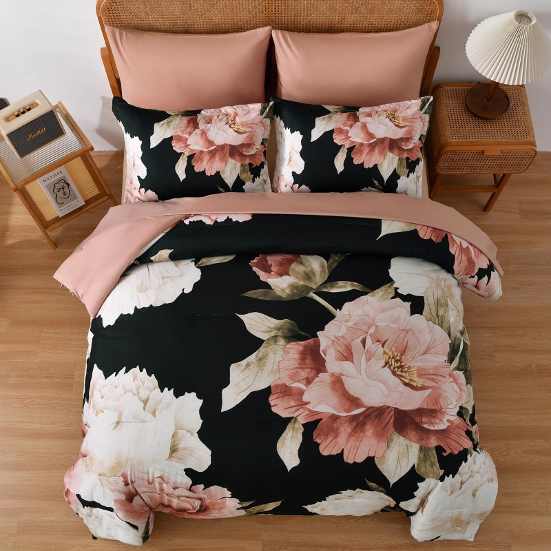 Dobuyly Black Queen Comforter Set 7 Piece Bed in a Bag, Pink Floral Printed on Black Comforter Set with Sheets, Soft Microfiber Botanical Flower Bedding Set for All Season - Image 3