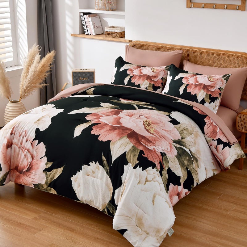 Dobuyly Black Queen Comforter Set 7 Piece Bed in a Bag, Pink Floral Printed on Black Comforter Set with Sheets, Soft Microfiber Botanical Flower Bedding Set for All Season - Image 2
