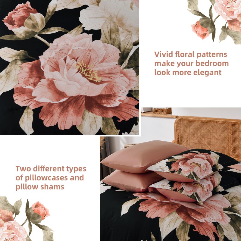 Dobuyly Black Queen Comforter Set 7 Piece Bed in a Bag, Pink Floral Printed on Black Comforter Set with Sheets, Soft Microfiber Botanical Flower Bedding Set for All Season - Image 5