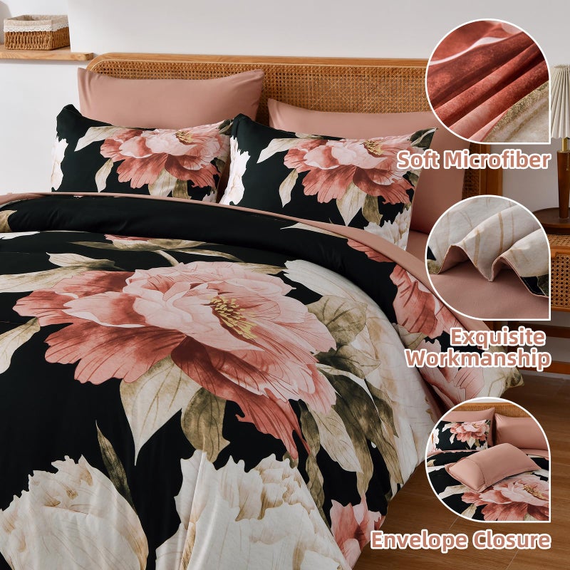 Dobuyly Black Queen Comforter Set 7 Piece Bed in a Bag, Pink Floral Printed on Black Comforter Set with Sheets, Soft Microfiber Botanical Flower Bedding Set for All Season - Image 4
