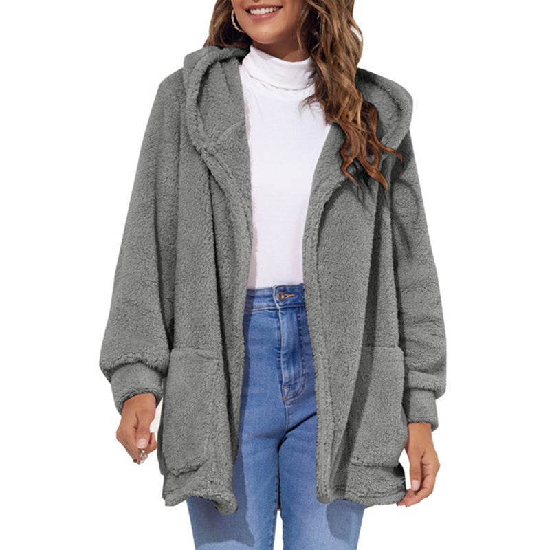 Furry Coat: XX-Large Grey Polyester Fleece, Soft Lightweight Warm - Hooded Loose Open Front Long Sleeve Coat With Side Pockets for Winter Outdoor Lounging Daily Wear - Image 1
