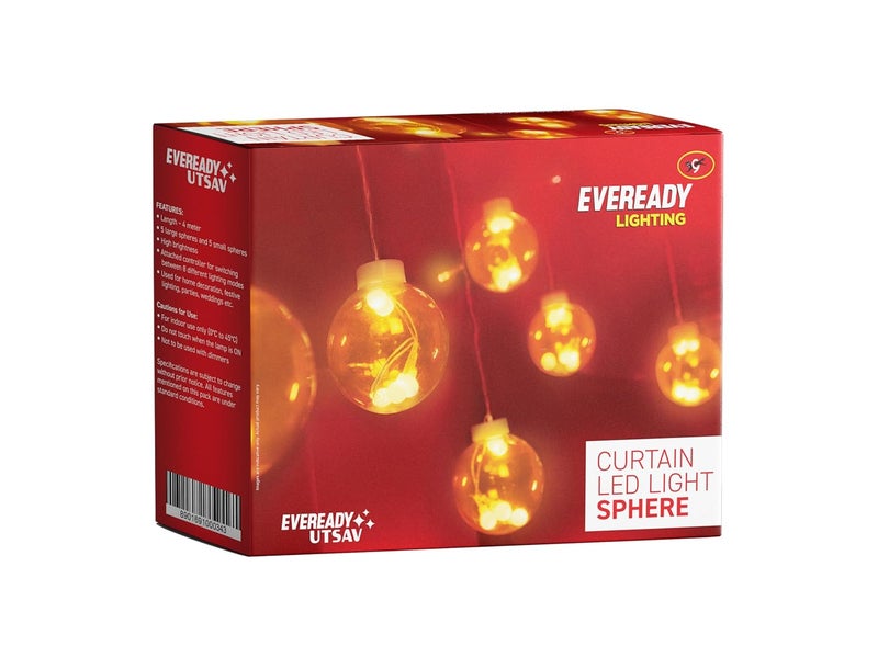 Eveready EVEREADY Curtain BallHalogen Decorative Festive LightingAttached Remote Controller8 Different Lighting Modes12 Spheres4Mfor Indoor UseBIS ApprovedMade in IndiaWarm White Light - Image 1