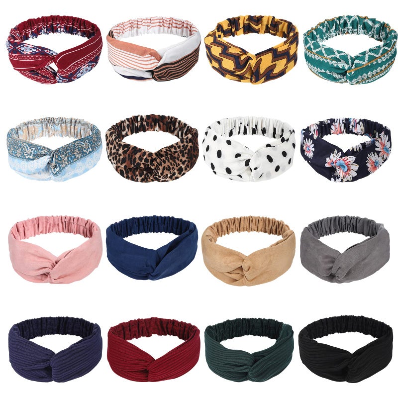 Meartchy 16 Pcs Hairbands for Women, Boho Headbands, Vintage Head Bands, Floral Twisted Criss Cross Elastic Head Wrap Hair Accessories - Image 1