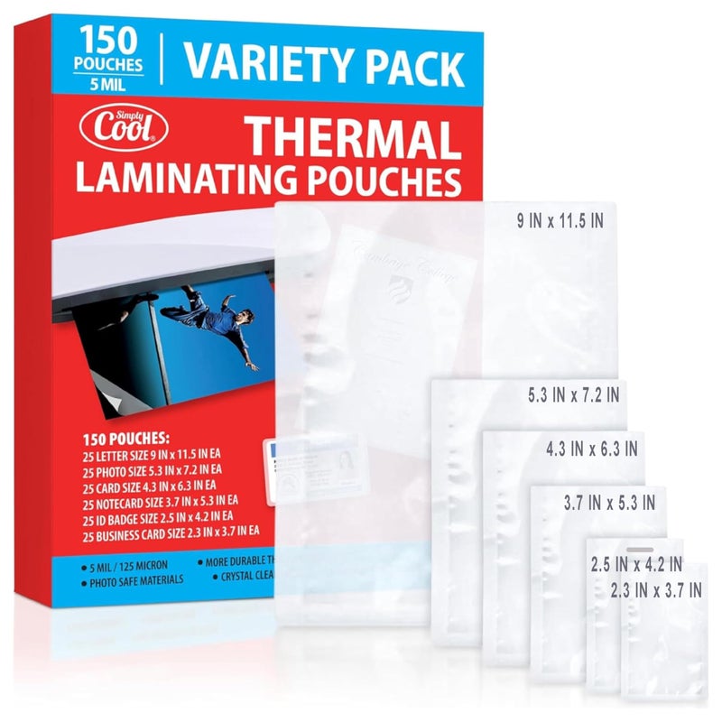 5MIL Thermal Laminating Sheets (150 Count) Letter, Photo, Card, Notecard, ID Badge and Business Card Sizes, Laminating Pouches Compatible with Laminators, Crystal Clear Laminated Finish