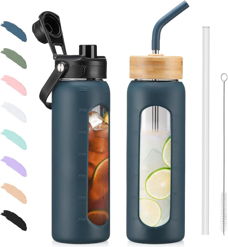 BLUEGO 700 ml Glass Sports Water Bottle with Straw and 2 Lids, Leak-Proof, BPA-Free, Dark Blue - Image 1