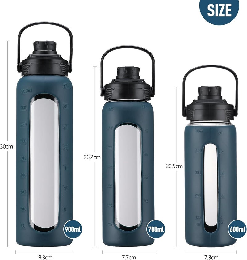 BLUEGO 700 ml Glass Sports Water Bottle with Straw and 2 Lids, Leak-Proof, BPA-Free, Dark Blue - Image 5
