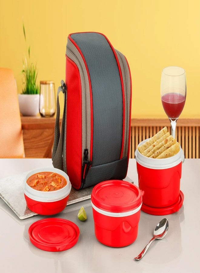 Finner Insulated Lunch Box with Steel Inner Containers | Leak Proof & Microwave Safe | 250 ml, 350 ml & 500 ml Containers Set (Red) - Image 1