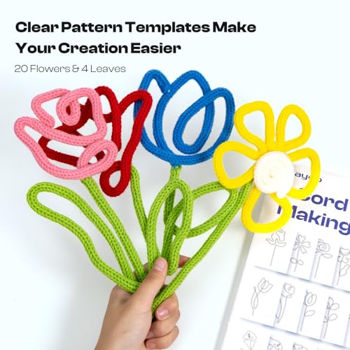 Caydo i Cord Flower Making Kit with 20 Flowers & 4 Leaves Templates, 10pcs Yarn and 82ft Craft Wire Kits for Beginner, DIY Florals Handicraft Making Kit, Learn to Knitting iCord with i Cord Maker Tool - Image 2