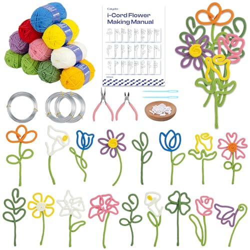 Caydo i Cord Flower Making Kit with 20 Flowers & 4 Leaves Templates, 10pcs Yarn and 82ft Craft Wire Kits for Beginner, DIY Florals Handicraft Making Kit, Learn to Knitting iCord with i Cord Maker Tool - Image 1