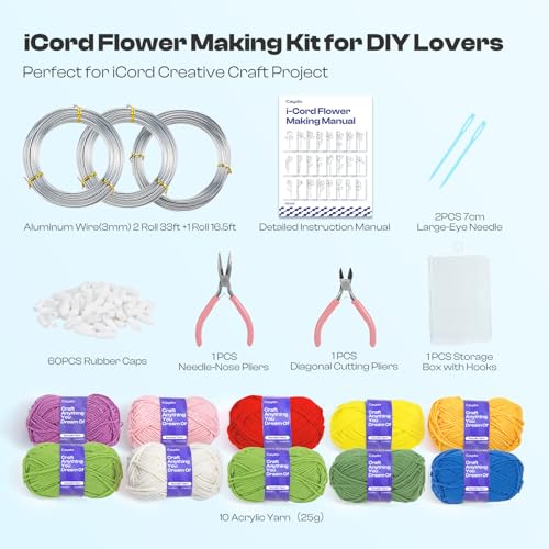 Caydo i Cord Flower Making Kit with 20 Flowers & 4 Leaves Templates, 10pcs Yarn and 82ft Craft Wire Kits for Beginner, DIY Florals Handicraft Making Kit, Learn to Knitting iCord with i Cord Maker Tool - Image 5