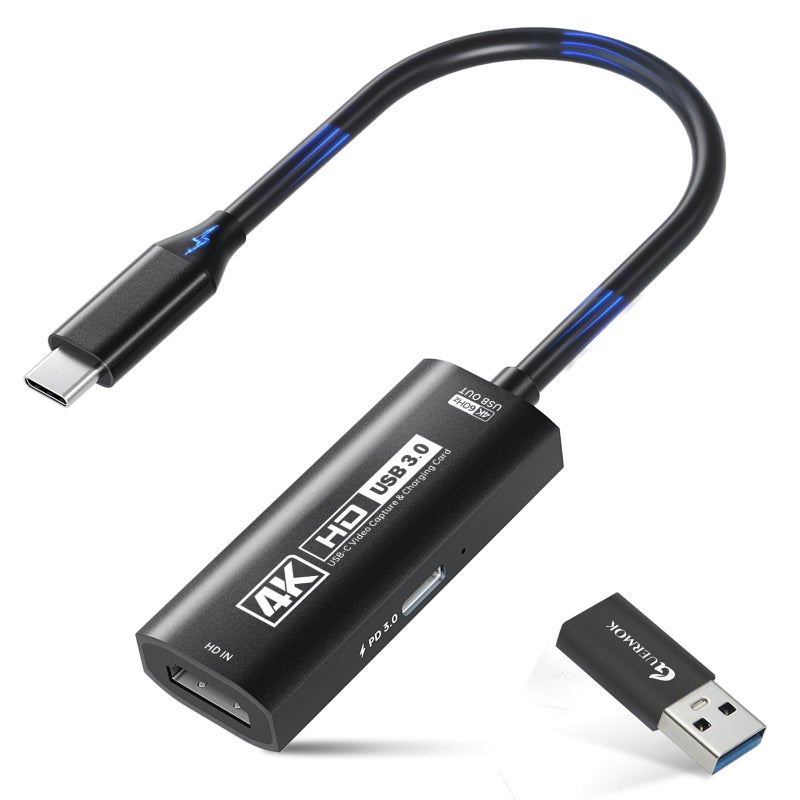 Guermok 4K USB3.0 Video Capture Card with PD 100W, 4K@60FPS or 2K@144FPS HDMI to USB-A/C Capture Card for Streaming, Works with Pad, Tablet, MacOS, Switch2/1, Laptop, PC, Camera, VR, Black - Image 1