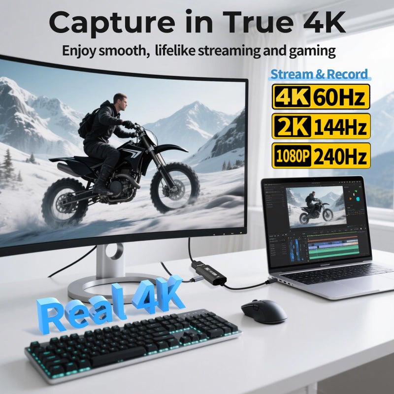 Guermok 4K USB3.0 Video Capture Card with PD 100W, 4K@60FPS or 2K@144FPS HDMI to USB-A/C Capture Card for Streaming, Works with Pad, Tablet, MacOS, Switch2/1, Laptop, PC, Camera, VR, Black - Image 5