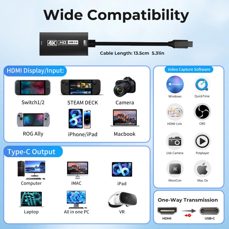 Guermok 4K USB3.0 Video Capture Card with PD 100W, 4K@60FPS or 2K@144FPS HDMI to USB-A/C Capture Card for Streaming, Works with Pad, Tablet, MacOS, Switch2/1, Laptop, PC, Camera, VR, Black - Image 3