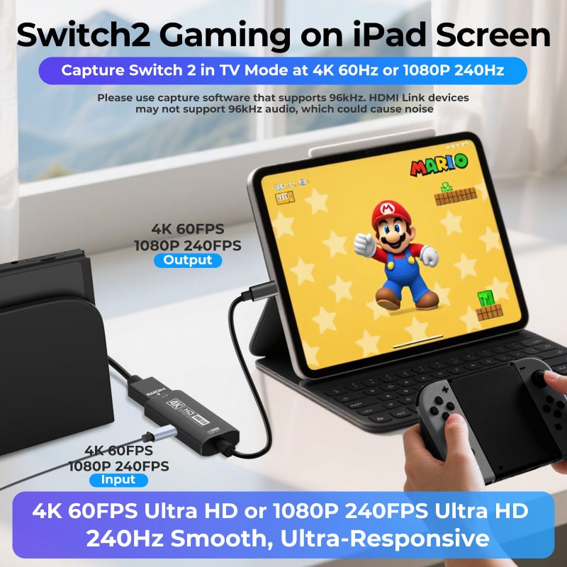 Guermok 4K USB3.0 Video Capture Card with PD 100W, 4K@60FPS or 2K@144FPS HDMI to USB-A/C Capture Card for Streaming, Works with Pad, Tablet, MacOS, Switch2/1, Laptop, PC, Camera, VR, Black - Image 2