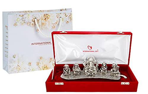 INTERNATIONAL GIFT® Silver Plated Musical Ganesh God Idol Statue Oxidized Finish with Beautiful Velvet Box Packing and with Carry Bag (8H x 28W x 6L Centimeters) - Image 1