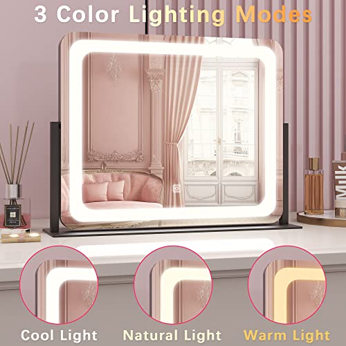 ROLOVE 22x17 Inch Lighted Vanity Mirror with Dimmable LED Lights 3 Color Modes Smart Touch Control 360 Rotating Base Desk Makeup Mirror Black - Image 5