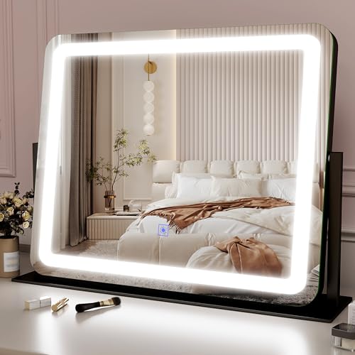 ROLOVE 22x17 Inch Lighted Vanity Mirror with Dimmable LED Lights 3 Color Modes Smart Touch Control 360 Rotating Base Desk Makeup Mirror Black - Image 2