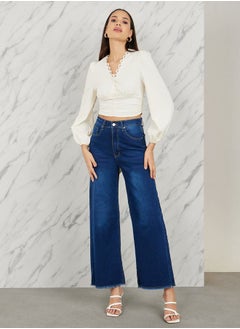 Styli Crepe Lace Trim Back Tie Up Crop Top  - Image 2