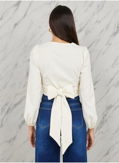 Styli Crepe Lace Trim Back Tie Up Crop Top  - Image 4
