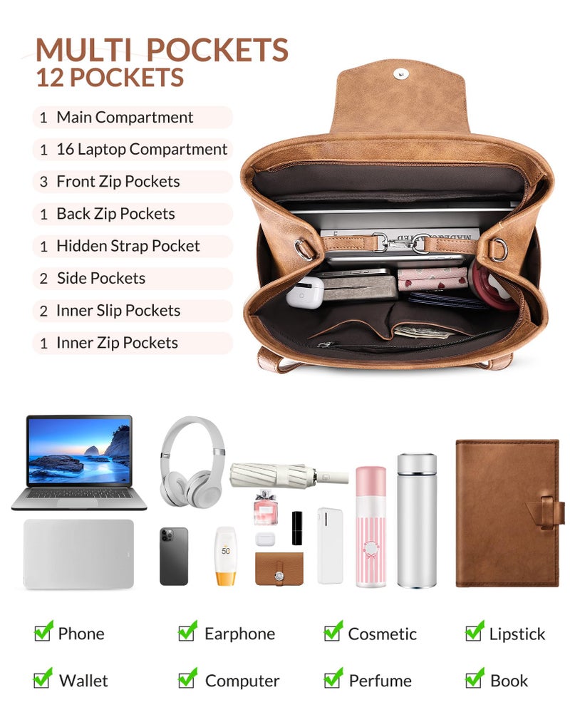 SYTRAH Laptop Bag for Women Designer Leather Laptop Backpack Purse, 16 inch Computer Tote Bags for Work Travel with Satchel Purse Brown - Image 5
