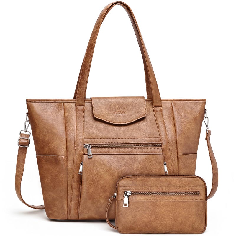 SYTRAH Laptop Bag for Women Designer Leather Laptop Backpack Purse, 16 inch Computer Tote Bags for Work Travel with Satchel Purse Brown - Image 1