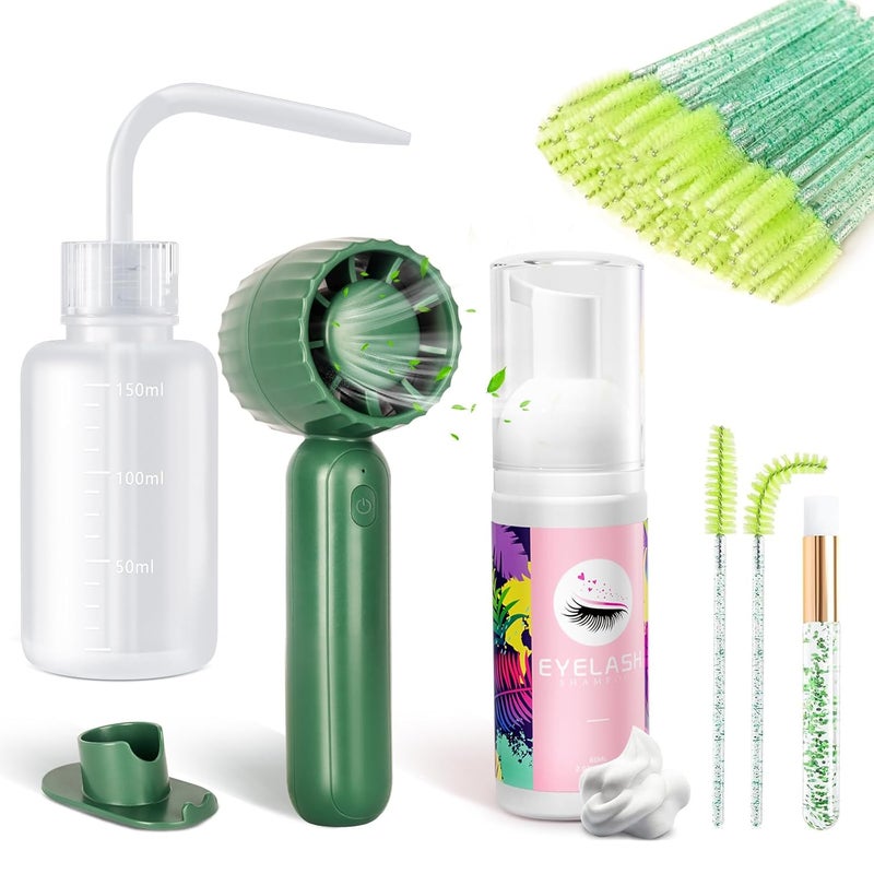 Buqikma Buqikma Lash Shampoo Kit - Eyelash Extension Cleanser for Extensions 60ML with Rechargeable Handheld Lash Fan Dryer Mascara Brush Rinse Bottle Makeup Cleansing Foam for Lash Care 