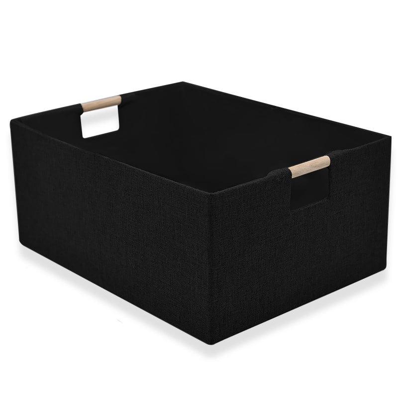 xianshengle Fabric Storage Basket for Shelves Collapsible Storage Bins with wood Handles Rectangle Closet Baskets Wardrobe Organiser for Sorting Clothes Family Items Black 1